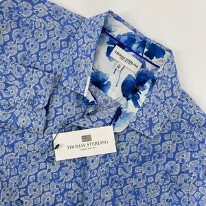 NEW Thomas Sterling Dress Shirt Men Extra Large Blue Tribal Geo Floral Flip Cuff